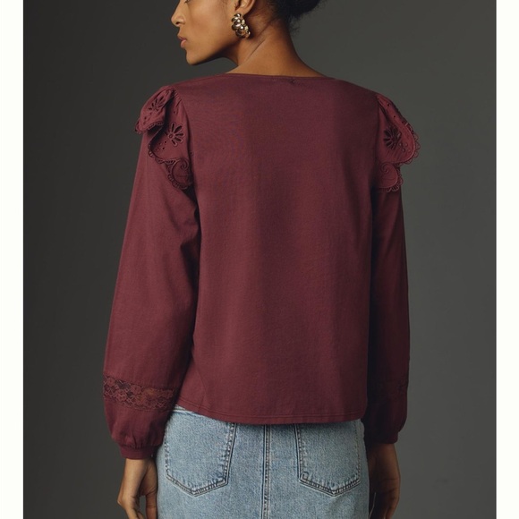 Anthropology Tiny Long-Sleeve Crescent Ruffled Lace Top - Picture 7 of 8